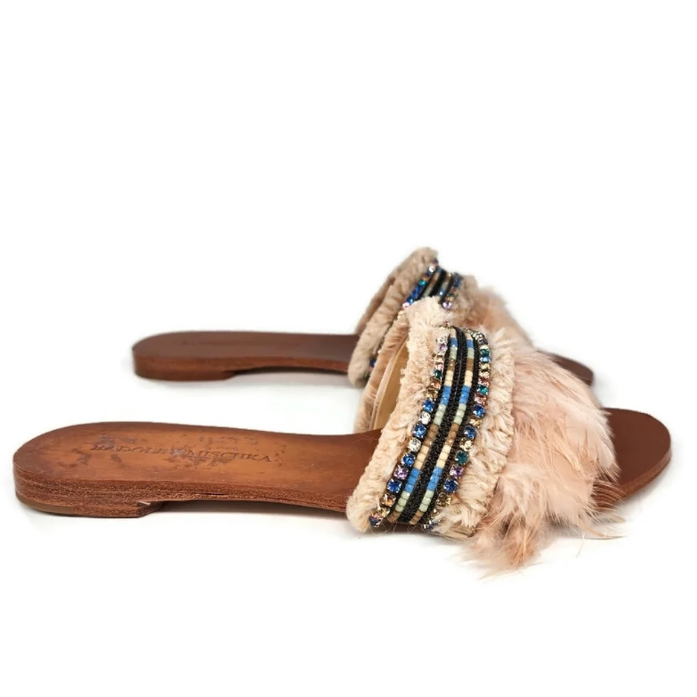 Badgley Mischka Fortune Nude Cream Feathers Beads Open-Toe Flat Slide-On Sandals